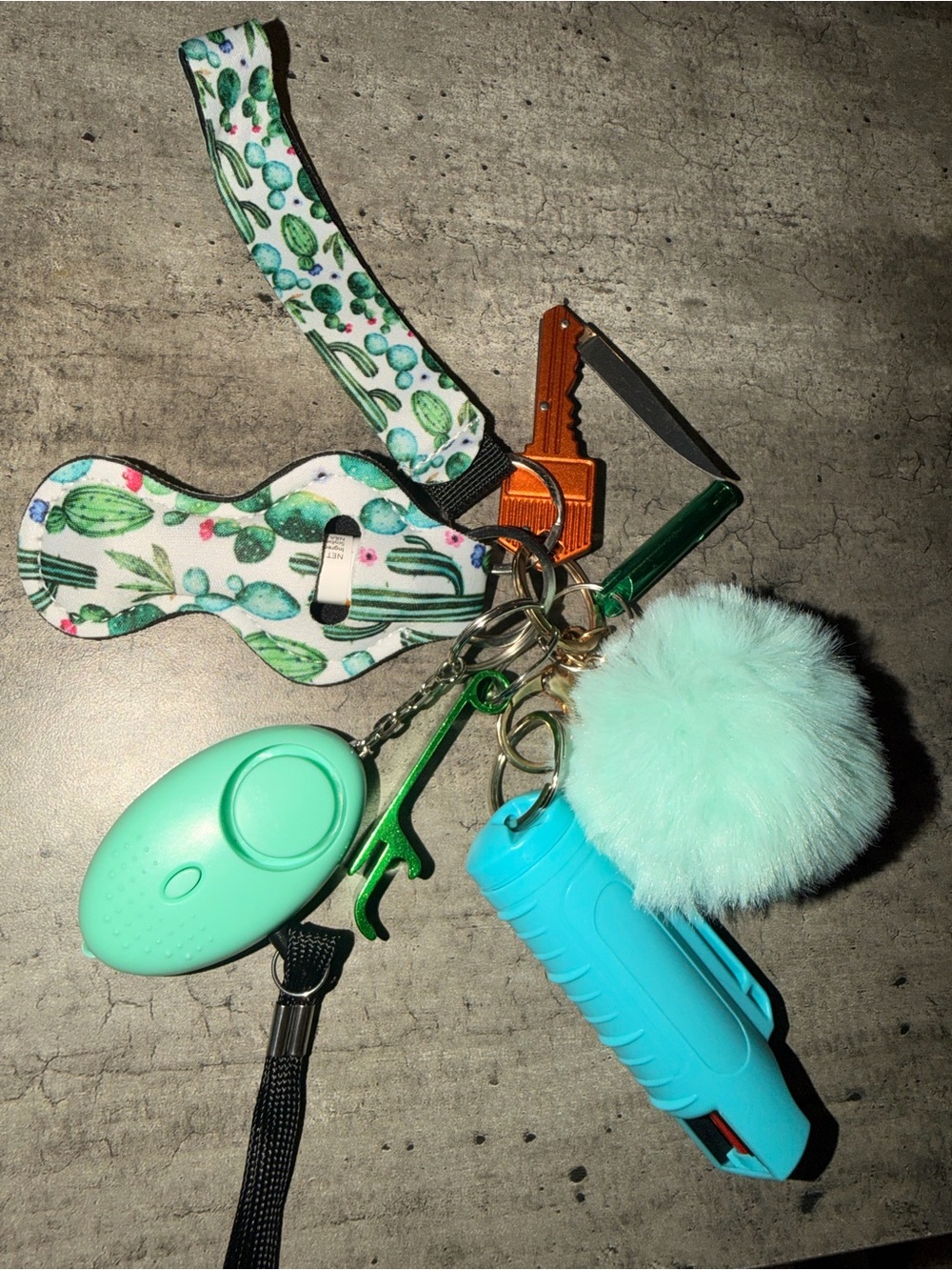 Keychain Safety Set with Mint Pom Pom and Cactus Wrist Strap